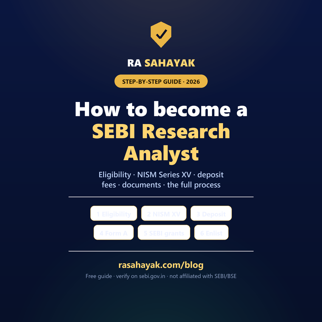 RA Sahayak — How to become a SEBI Registered Research Analyst: eligibility, NISM Series XV certification, qualification, client-slab deposit, fees, Form A on the RAASB (BSE) portal, and SEBI grant of the INH registration number.